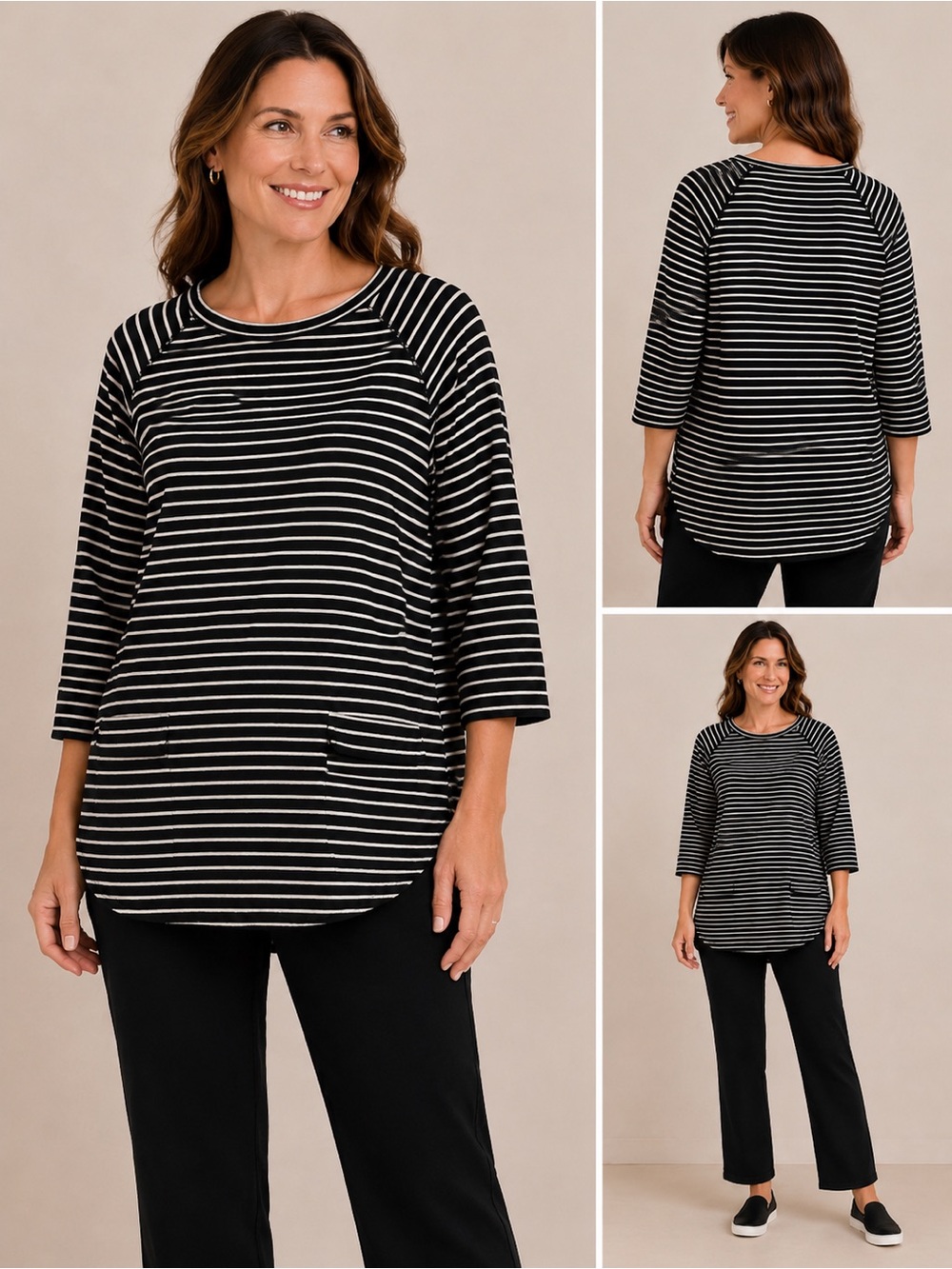 Lands’ End Black White Striped 3/4 Sleeve Tunic Top 1X 16W-18W
